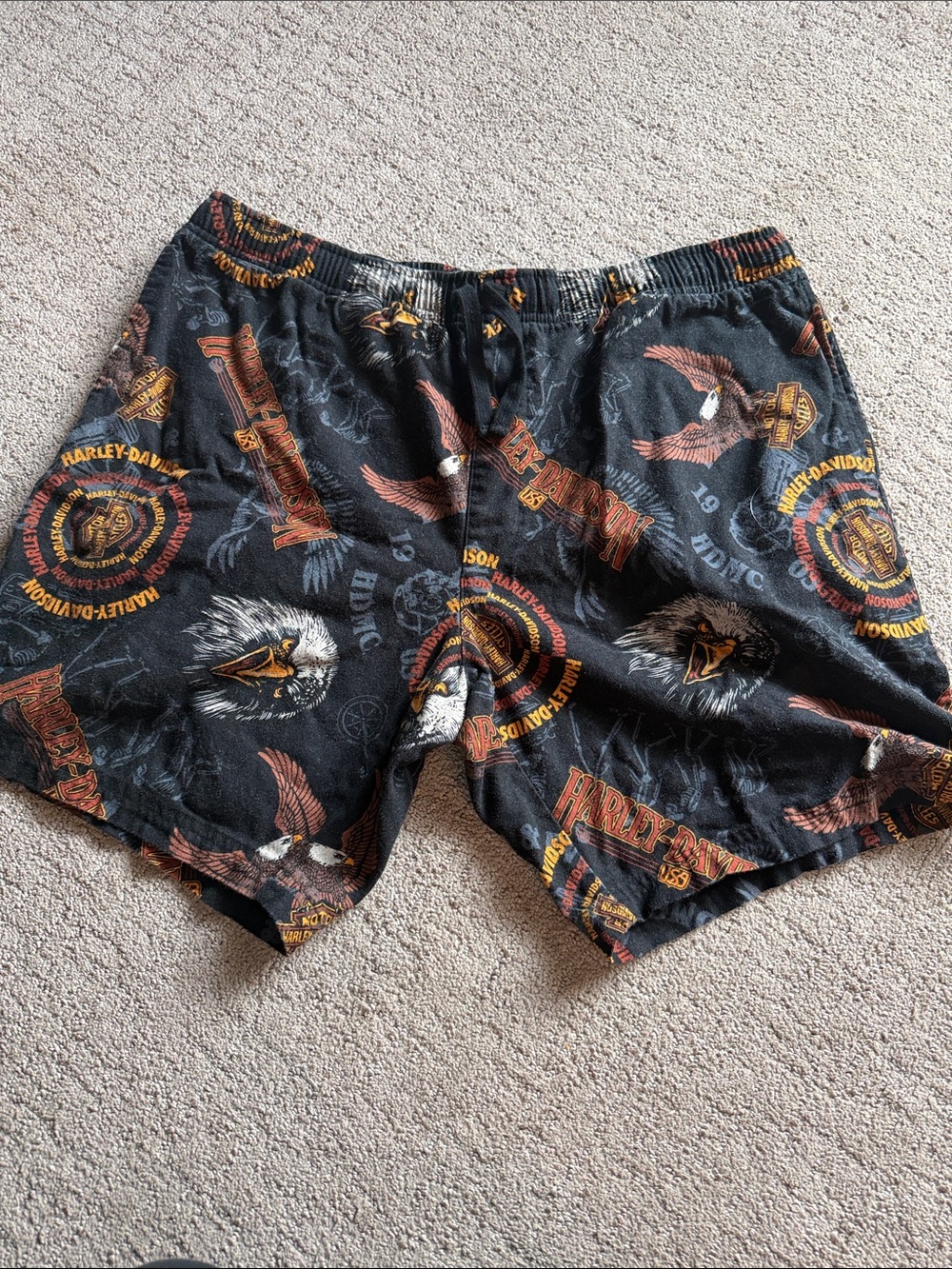 Harley-Davidson Black Pajama Shorts with Orange & Gold Eagle Motif